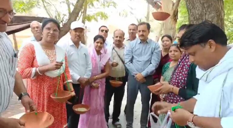 कलेक्ट्रेट कार्यालय परिसर में पेड़ों पर लटकाए गए पक्षियों के लिए सकोरे